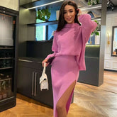 Turtleneck Sweater High Split Midi Skirt Matching Set - Pink
