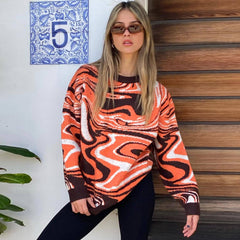 Wave Print Ribbed Long Sleeve Pullover Sweater - Burnt Orange