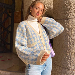 Preppy Houndstooth V Neck Long Sleeve Cardigan - Blue