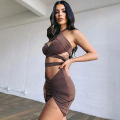Crossover Crop Top Skirt Matching Set - Coffee