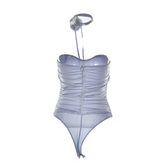 Rosette Trim Mesh Ruched Cutout Tube Bodysuit - Purple