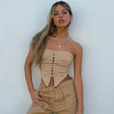 Solid Color Curved Hem Strapless Lace Up Cropped Top - Khaki