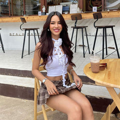 Solid Color Ribbed 3D Flower Lettuce Detail Crop Top - White