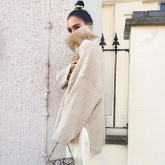 Simple Rib Split Hem Turtleneck Pullover Sweater - Khaki