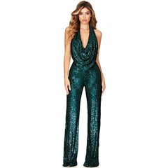 Sparkly Sequin Halter Cowl Neck Wide Leg Jumpsuit - Emerald Green