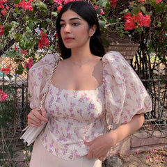 Sweet Lace Up Floral Printed Puff Sleeve Crop Top - Beige