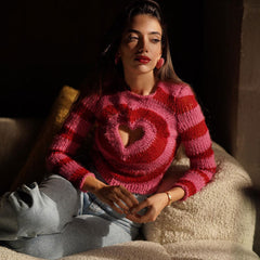 Unique Heart Cut Out Crew Neck Long Sleeve Rib Knit Cropped Sweater - Red