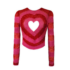 Unique Heart Cut Out Crew Neck Long Sleeve Rib Knit Cropped Sweater - Red