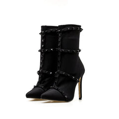 Unique Studs Strap Pointed Toe Stiletto Heel Mid Calf Boots - Black