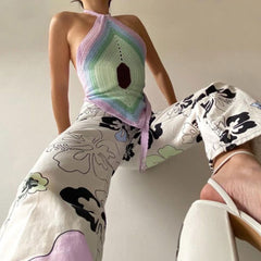 Vacation Ready Striped Panel Knitted Halter Top - Multicolor