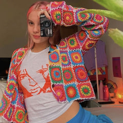 Vibrant Scalloped Floral Crochet Knit Cardigan - Multicolor