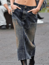 Vintage Patchwork Distressed Long Denim Skirt