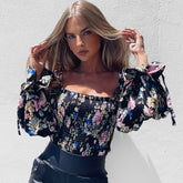 Vintage Print Off Shoulder Bishop Sleeve Crop Smocked Top - Floral