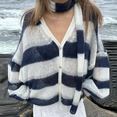 Pydshop Fashion Striped Sweater Cardigan With Scarf Female Loose Thin Hollow Knitted Top Lantern Sleeve Contrast Color Retro TopChristmas Gifts
