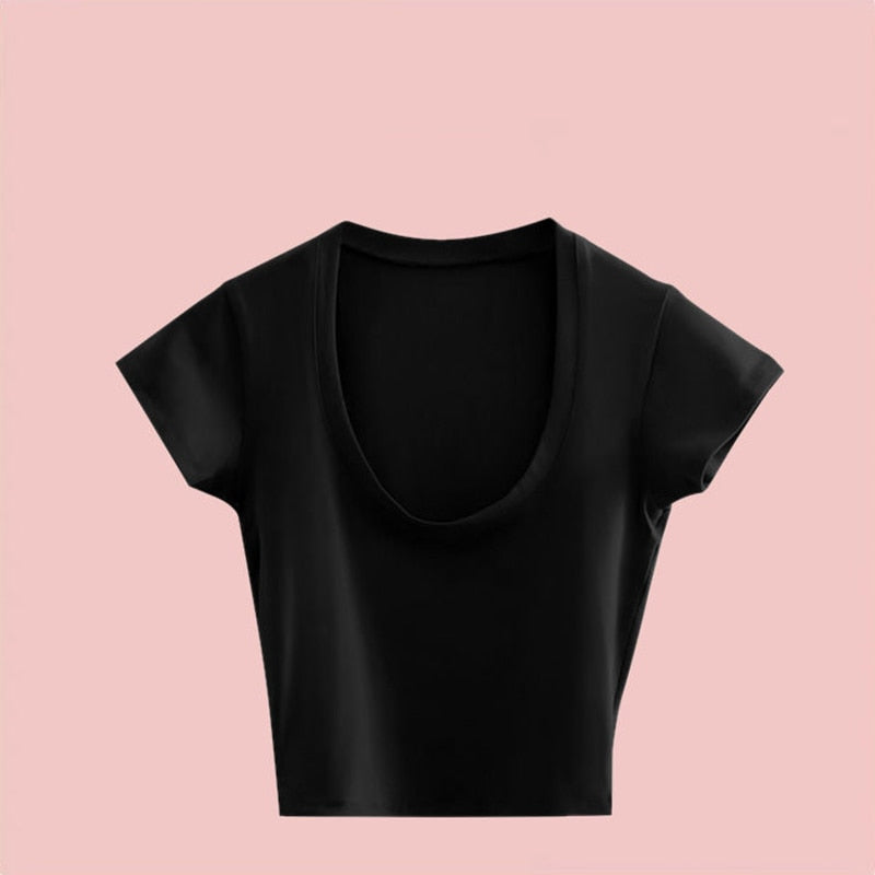 Pydshop 2024 Summer Slim T-Shirt Women Sexy Short Sleeve T Shirt U-Neck Gray Tee Female Solid Basic Black/White Korean Crop Tops Hot Y2k