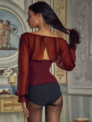 Pydshop Chiffon Lace Up Top Hot Girl New Sexy Mesh Patchwork Ruched T-shirt See Through Slim Pullovers Solid Fish Bones Slim TopChristmas Gifts