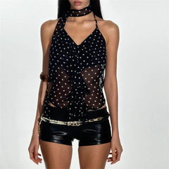 Pydshop Summer Camisole Slim Vest Sexy Women Sleeveless Perspective V-Neck Ribbon Tank Top Female Solid Black Polka Dots Crop Tops Y2k