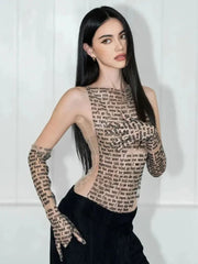 Pydshop Mesh Letter Printted T-shirt Women O-Neck See Through Sexy Tank Tops With Golve High Street Basic Slim Y2K Top Tee ShirtsChristmas Gifts