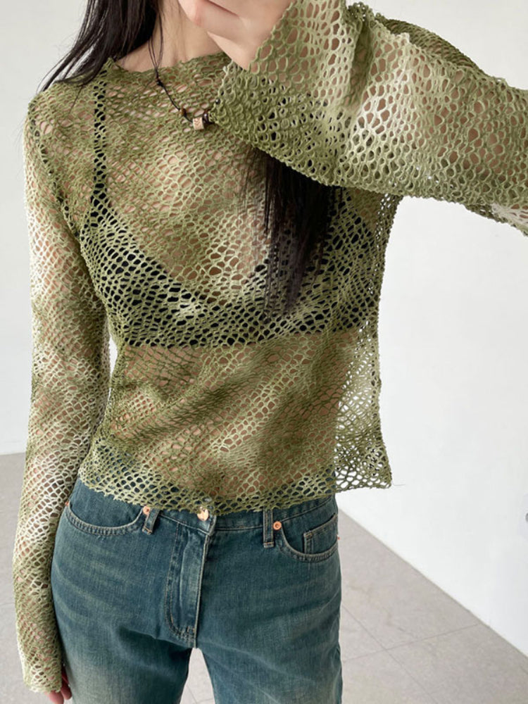 Pydshop Green Tie Dye Fishnet Long Sleeve Top