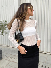 Pydshop Ribbed Knit Long Sleeve Top Shirts For Women White See-through Knit Rib Top Tees Outfits Casual Spring Skinny StreetwearChristmas Gifts
