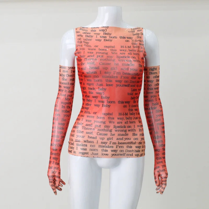 Pydshop Mesh Letter Printted T-shirt Women O-Neck See Through Sexy Tank Tops With Golve High Street Basic Slim Y2K Top Tee ShirtsChristmas Gifts