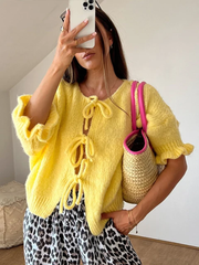 Pydshop Lace Up Knitted Cardigan Top For Women Sexy Cut Out Petal Sleeves Loose Sweater Outwear Female Solid Color Autumn FashionChristmas Gifts