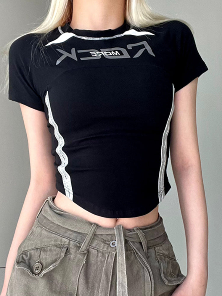Pydshop Black Stripe Stitching Short Sleeve Top
