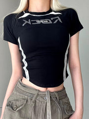 Pydshop Black Stripe Stitching Short Sleeve Top