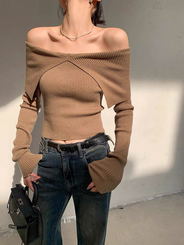 Pydshop Autumn Winter Women Sweaters Casual Long Sleeve Knitted Pullover Sweater Basic Solid Sexy Off Shoulder Crop Top Fashion Clothes