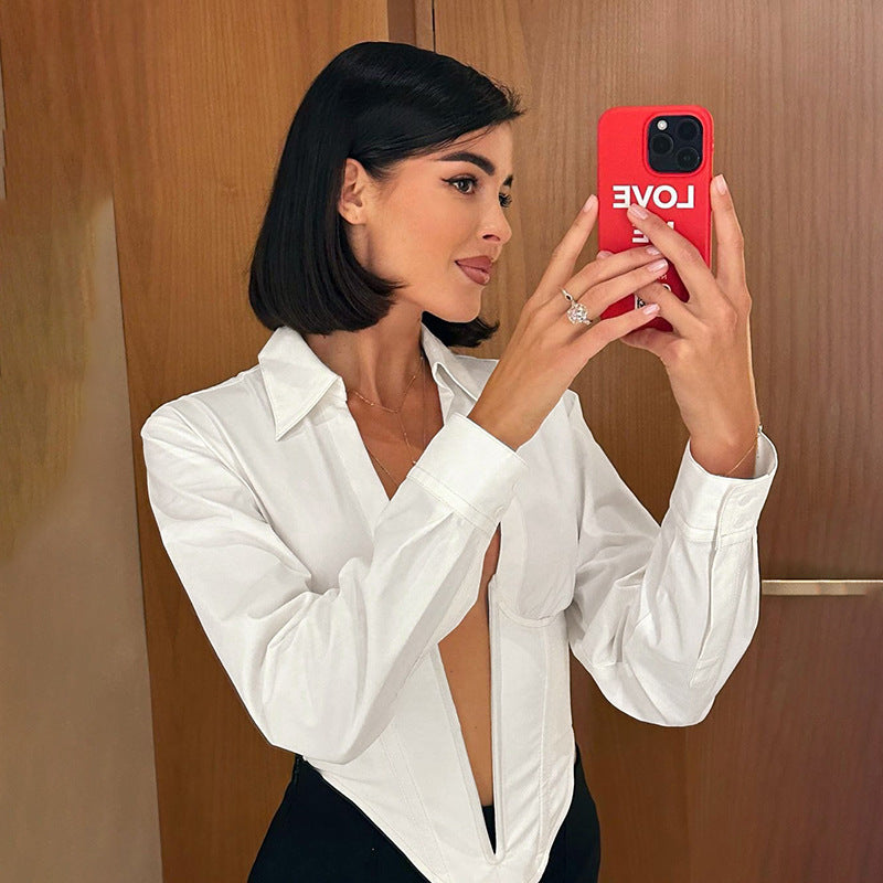Pydshop Deep V Neck Cover-up Women Turn Collar Solid Slim Sexy Crop Tops Hot Girls Street Casual Club Y2k Elegant Shirts LadiesChristmas Gifts