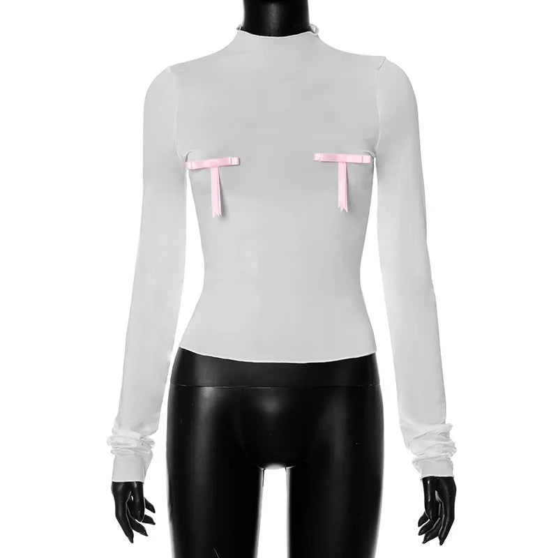 Pydshop Splice Bow Shirts For Women Slim O Neck Long Sleeve Crop Tops Female 2024 Autumn Fashion Bodycon White Tshirts Ladies NewChristmas Gifts