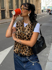 Pydshop Leopard Print Pin Vest For Women V-Neck Sleeveless Fashion Hot Girl Cardigan Top Female Autumn New Slim Fit Short VestChristmas Gifts
