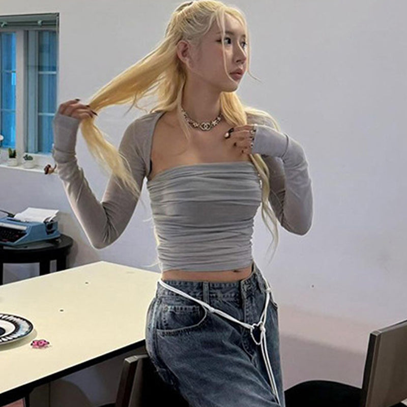 Pydshop Off-Shoulder Pleated Tube Top Vest Long-Sleeved Cover Up Two-Piece Top Fasion Hot Girl Autumn New Sexy Party Club ClothesChristmas Gifts
