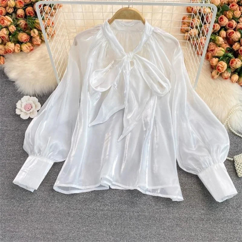 Pydshop Women Blouses Shirts 2024 Summer Chiffon See Throught Office Ladies Blouse Fashion Puff Sleeve Lace Up Shirts Tops BlackChristmas Gifts