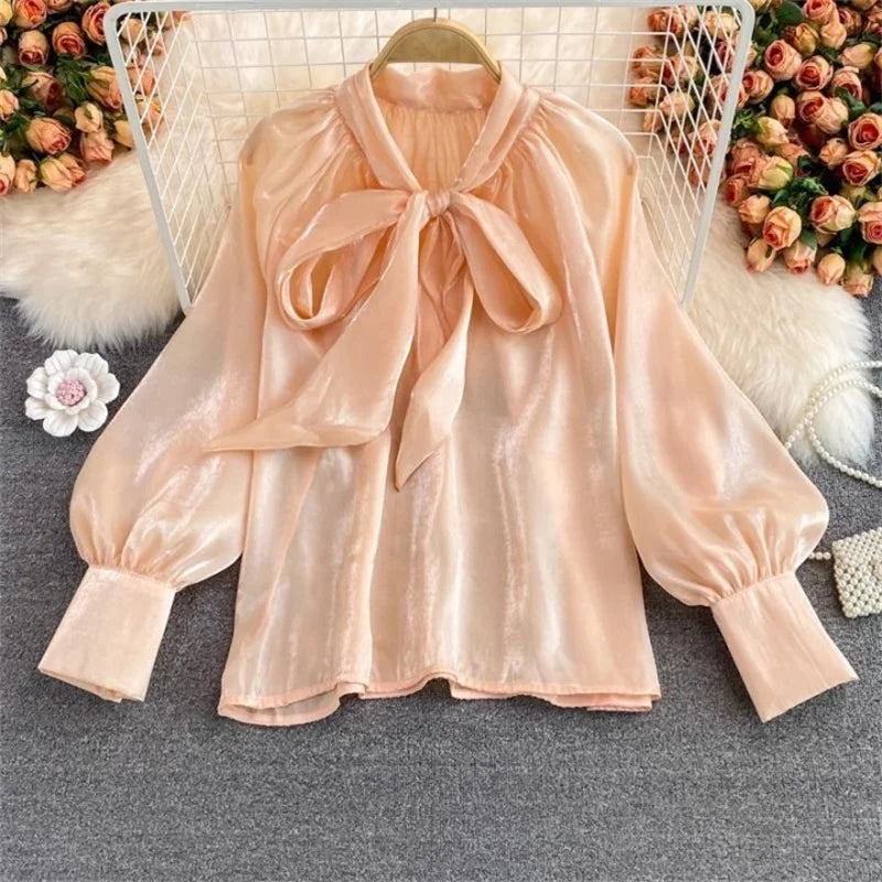 Pydshop Women Blouses Shirts 2024 Summer Chiffon See Throught Office Ladies Blouse Fashion Puff Sleeve Lace Up Shirts Tops BlackChristmas Gifts