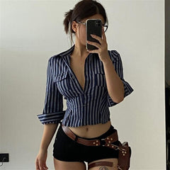 Pydshop Fashion Striped Blouses Streetwear Y2K Aesthetic Vintage Buttons Up Lapel Collar Shirts Women Sexy Crop Top Autumn Short Shirt
