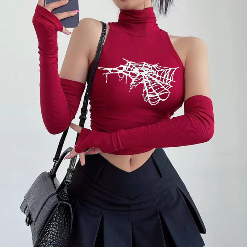Pydshop Gothic Spider Print Tank Top for Women Summer Y2k Tops Black Oversleeve Sexy Turtleneck Slim Short Skinny Streetwear Crop Top