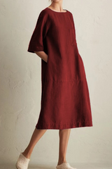 Casual Solid Patchwork Pocket O Neck A Line Dresses(6 Colors)