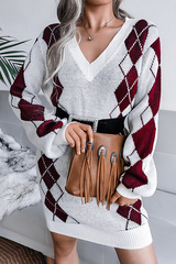 Casual Geometric Split Joint  Contrast V Neck Dresses  Sweater (Without Belt)