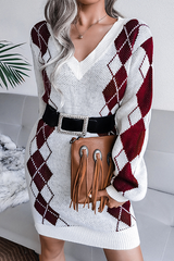 Casual Geometric Split Joint  Contrast V Neck Dresses  Sweater (Without Belt)