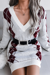 Casual Geometric Split Joint  Contrast V Neck Dresses  Sweater (Without Belt)