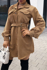 Fashion British Style Solid Pocket Buckle With Belt Turndown Collar Dresses