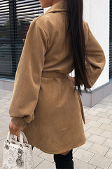 Fashion British Style Solid Pocket Buckle With Belt Turndown Collar Dresses