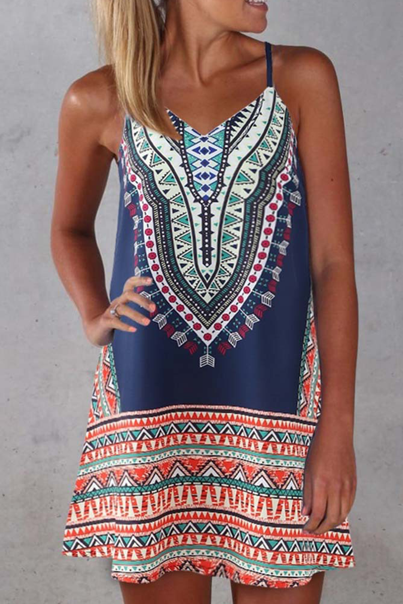 Vintage Print Patchwork Spaghetti Strap Straight Dresses