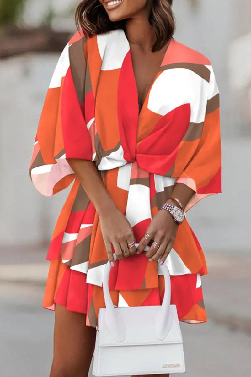 Casual Print Patchwork V Neck Dresses(5 Colors)