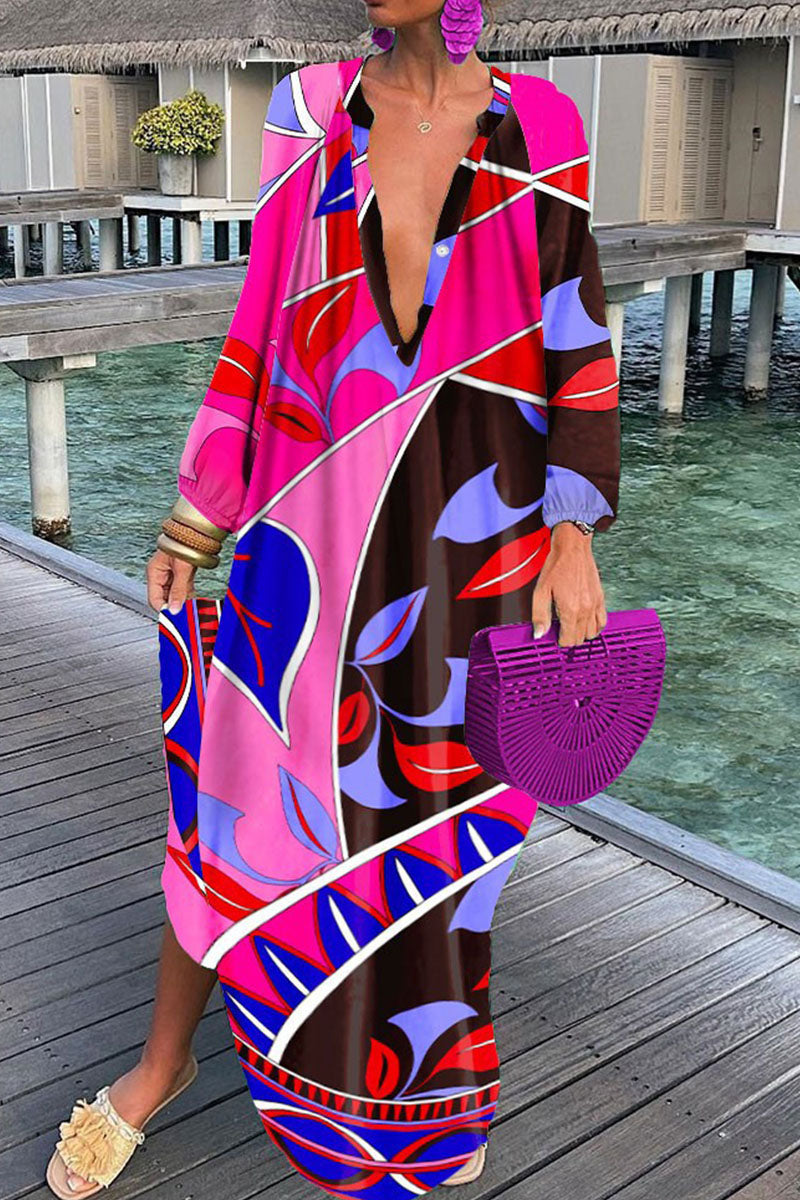 Fashion Sexy Print Patchwork V Neck Straight Dresses(10 Colors)