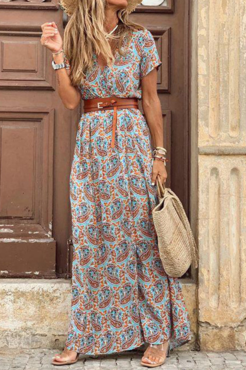 Elegant Print V Neck Princess Dresses(3 Colors)