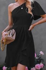 Street Simplicity Solid Flounce Oblique Collar Irregular Dress Dresses(3 Colors)