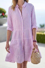 Street Elegant Geometric Draw String Turndown Collar Shirt Dress Dresses(6 Colors)