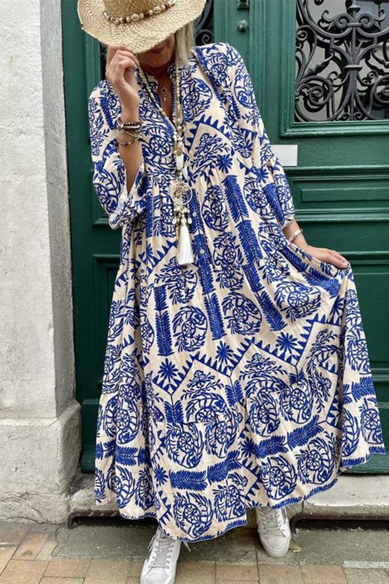 Casual Vintage Geometric Print Patchwork V Neck Printed Dresses(3 Colors)